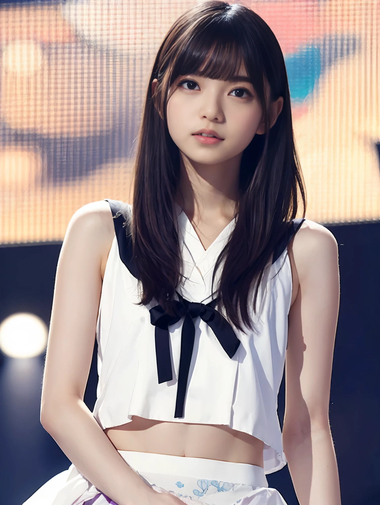 Highly detailed CG Unity 8k wallpaper、Highest quality、Ultra-detailed、masterpiece、Realistic、Photo realistic、A cute girl drawn in great detail、20-year-old、(Skirt rip)、(Roll up the skirt yourself))、White panties、Panty Focus、blush、Lips parted、Looking at the audience、Semi Body Shot、JAPANESE IDOL OUTFIT、stage、Showing panties、