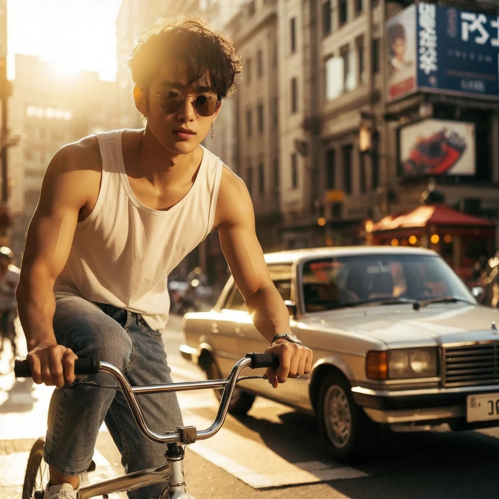close up professional photograph of a Korean man with short slighty curly hair, ideal height,exuding confidence and charisma,wearing sunglasses,white tanktop,jeans,white sneakers.He riding BMX bicycle.the setting is a sunlit rush hour urban square, adorned with old indo cars and a sign words "game PS 2" The warm,golden sunlight bathes the scene in a radiant glow,reflecting off the sparkling glass-like streets,reating a harmonious blend of modern and classic elements