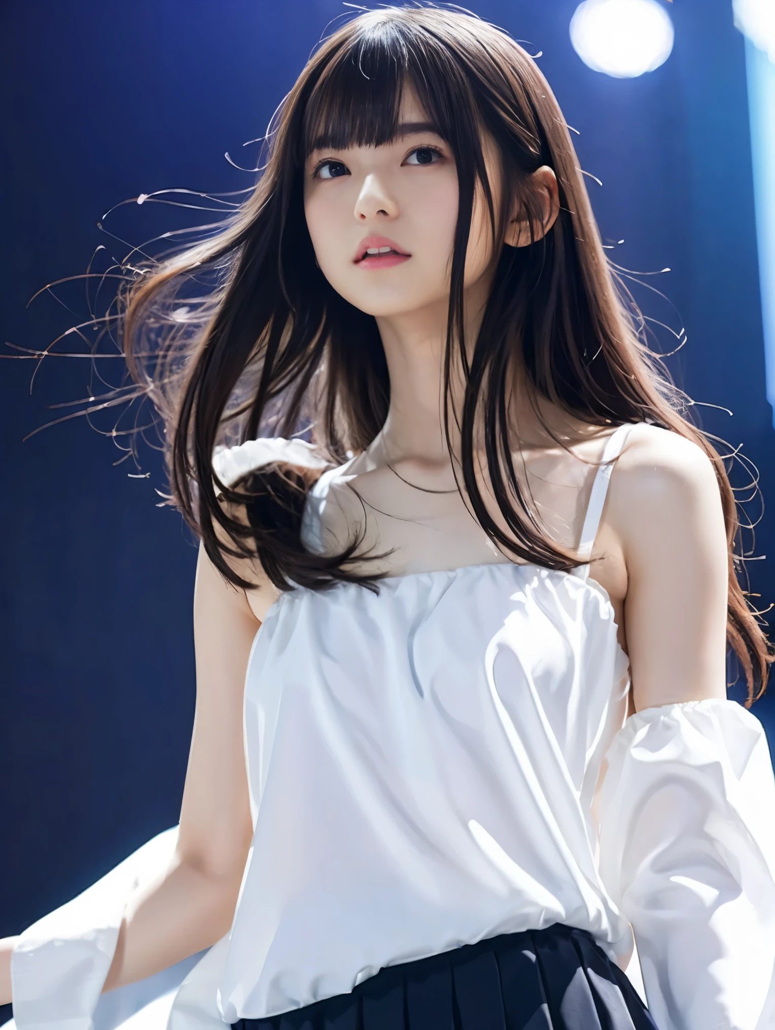 Highly detailed CG Unity 8k wallpaper、Highest quality、Ultra-detailed、masterpiece、Realistic、Photo realistic、A cute girl drawn in great detail、20-year-old、(Skirt rip)、(Roll up the skirt yourself))、White panties、Panty Focus、blush、Lips parted、Looking at the audience、Semi Body Shot、JAPANESE IDOL OUTFIT、stage、Showing panties、