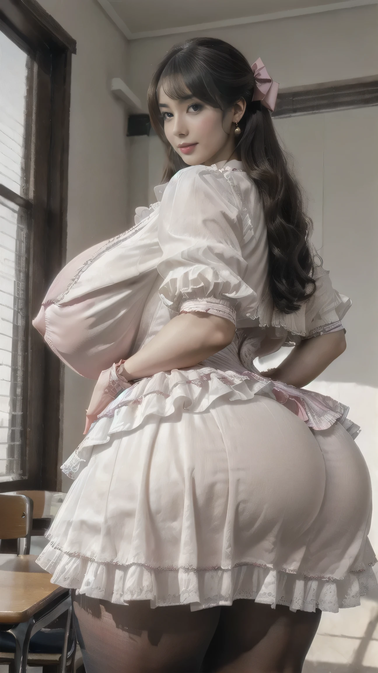 Seen from behind ((masterpiece:1.2、highest quality、Tmasterpiece))、1 thick curvy female POV from behind aloneshe always shows her bra while in clothes,back body showing her big ass and thighs in classroom、Day、(Indian Idol:1.25)、doing big ass show-off,lit down to show her big ass,lit,(Are standing:1.4)、Black Hair、whole body、(super wide hips+big thigh)、Cute Face、Wavy Hair、Medium Hair、Beautiful feet、BREAK、((dress:1.4))、(Big Breasts:1.4) huge big ass, super big ass, huge thighs,(tights)、Hoop Earrings、corset、lipstick、(long skirt:1.2)、blush、smile、(Covered huge big breasts:1.2)huge big thighs、(Thick lips:1.2)、Detailed body、Very detailed painting, Luminism、4K resolution、3D Rendering、Exquisitely crafted , cinematic、Realistic、Hit definition、Abstract Beauty、Approaching perfection, Pure Form, Golden Ratio、Very detailed, Digital photography, Soft natural light, 50mm lens, f1.8 Vacancies、blush、Small face、Tight waist、Idol Costume, cyb long skirt, cyb shirt shows bra,plaid long skirt, idol, wrist cuffs, bow, sailor collar, frilled skirt, frills