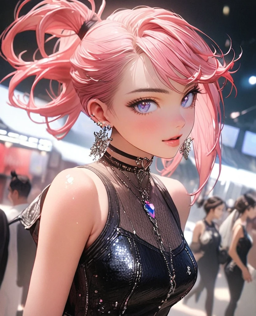 8K,gal,an extremely delicate and beautiful,Beautiful and realistic skin,Shiny jewel-like earrings,Shine like glitter vivid pink hair,topknot,beautiful eyes,Fashion Model,full body,sleeveless top,denim short shorts