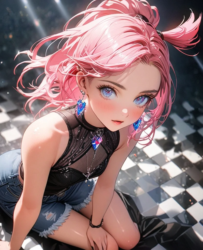 8K,gal,an extremely delicate and beautiful,Beautiful and realistic skin,Shiny jewel-like earrings,Shine like glitter vivid pink hair,topknot,beautiful eyes,Fashion Model,full body,sleeveless top,denim short shorts