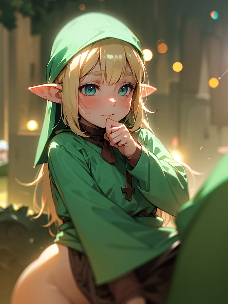 (Sumilux f1.4 50mm , low Latitude old color negative film , cross process , bokeh, flare, chromatic aberration , soft focus, (Shallow focus) , soft glow , Maximum aperture, high Key , Transparent depiction)  , kawaii anime , looking away , The rumor spread that the pee of elf girls tastes like strawberry, and the number of men visiting the elf village never ends , dynamic Dripping , Fluffy , My heart is pounding