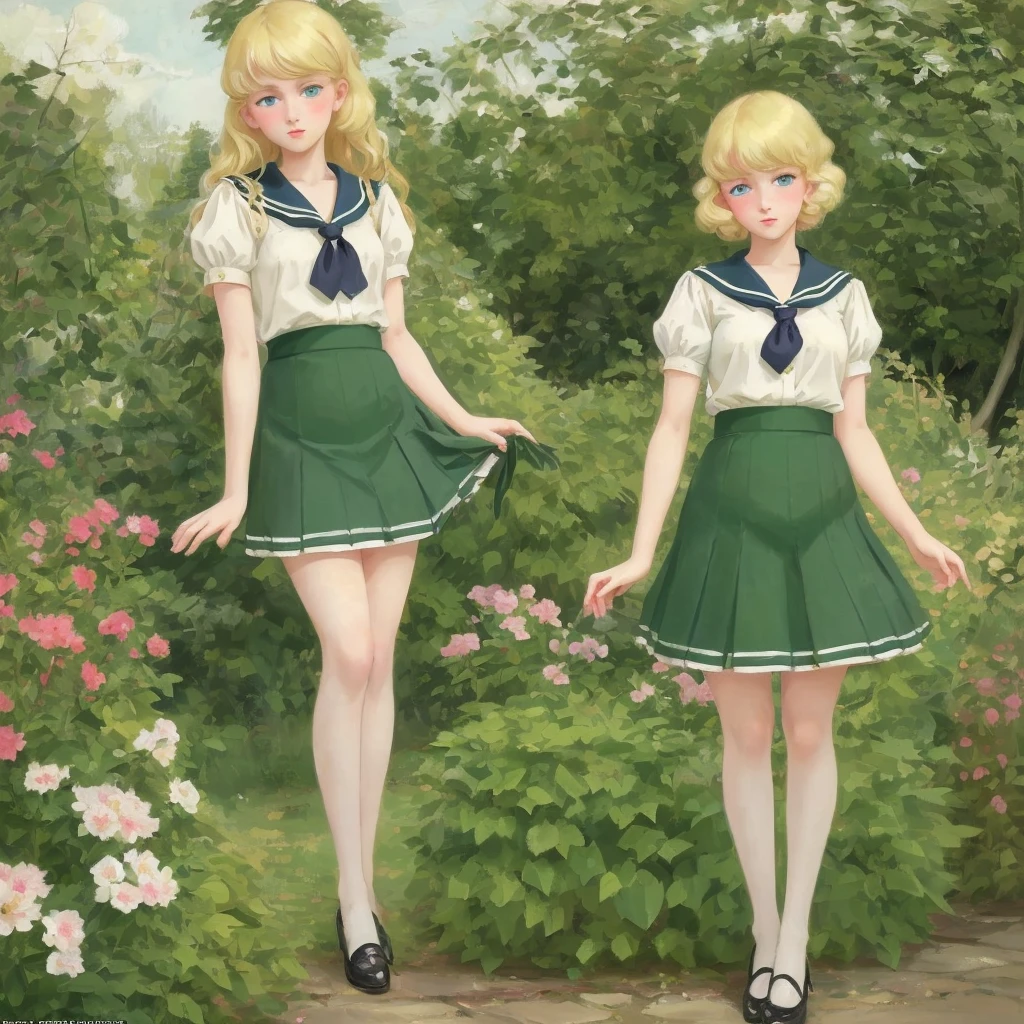 3 girls, long hair, Big , Blushing, blond, Green-eyed sailor suit short skirt 1933 style cute and beautiful girl 18 years old in the garden beautiful long legs high resolution, best quality, masterpiece, Lift skirt