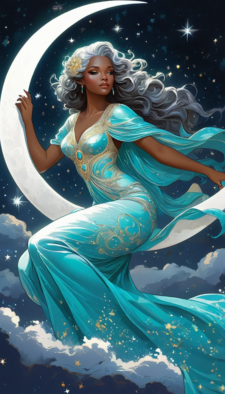 Elaborate border, dark skinned woman in flowing dress with silver hair and turquoise eyes, NO BLACK HAIR, laying reclined sensually on a large crescent moon with a background of stars, night sky background, blues and silver, good anatomy, dynamic pose, good proportions, modern style, vector, highly detailed, intricate, masterpiece, realistic, professional, Dark Fantasy, d&d, replace all gold in image with silver (centered), (well framed), vector-art, gradient color, detailed, realistic, professional art masterpiece, (Art Nouveau), Illustration by Alphonse Mucha, (vector-art:1.1) Negative prompt