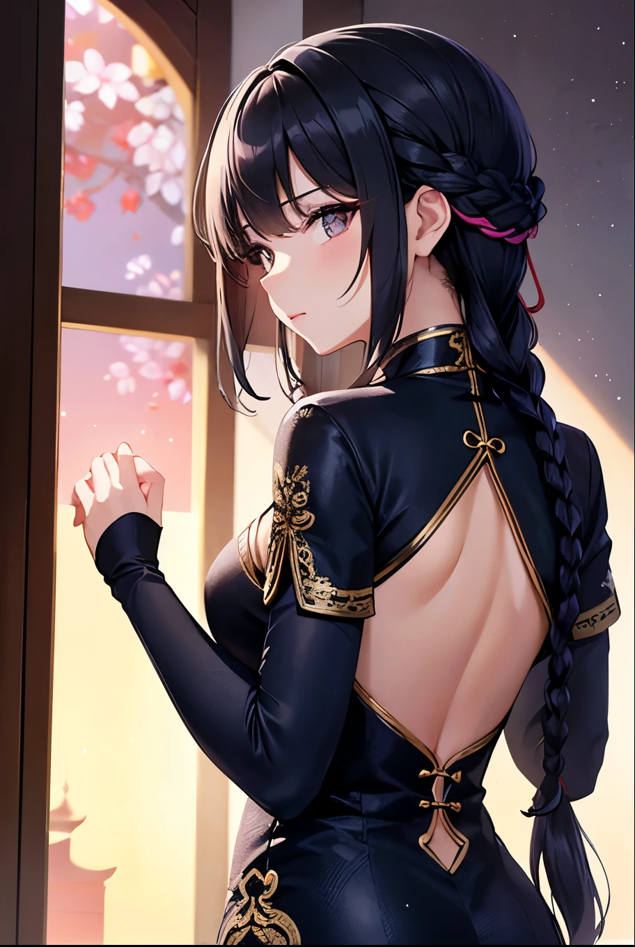 Mature woman standing with her back to the camera:1 girl wearing an Deluxe Chinese dress,
Smooth, Moisturized and firm skin, tight and sexy costumes,
A corner of the entertainment district, A dark background to make your subject stand out, Large windows, soft light from a lantern,
break (detailed silk texture:Deluxe:Gloss:Smoothness:Sappiness),
Highest quality, Highest Resolution, Detailed and crisp image quality, 16K, Super Retina,
A beautiful Chinese dress with a delicate pattern, Adult sex appeal, melancholy, Feeling Weak, Long hair tied back, colorful fireworks seen from the window,
Detailed and complex, colorful, Transparent full color coating, Light and Darkness, High Contrast,
Break Spectacular fireworks seen from the window, beautiful,
Upper Body Shot, Long Black Hair, Hairstyle(Braiding), Hairstyle(((black navy blue, Dark Navy))), pupil(purple)