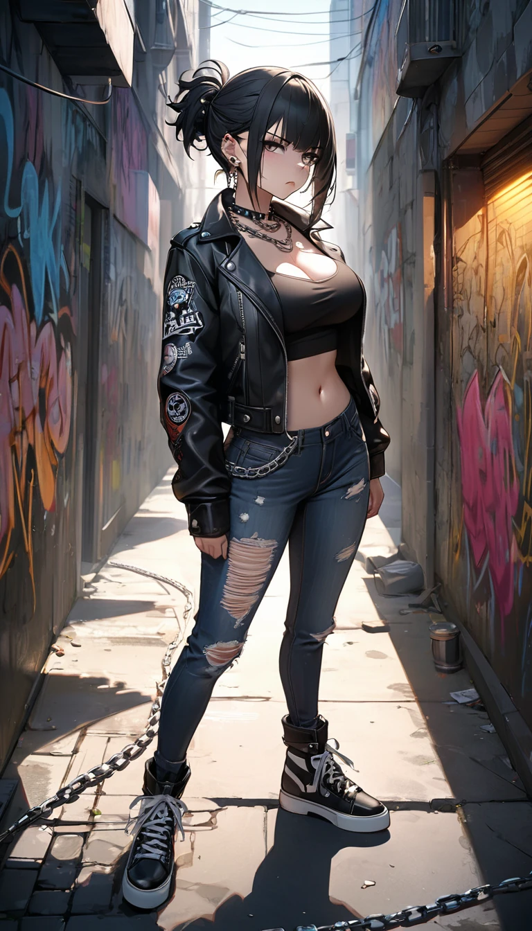 ((Best quality, 8K, masterpiece: 1.3)), anime-style, full body, young woman with short black hair,large breasts.1.3)) dressed in punk style, in a black leather jacket with metal rivets, ripped jeans, a metal chain around her neck, several ear piercings and one on her face, confidently standing in a city alley (camera angle: slightly lowered when looking up at her determined face), textures and shadows with high detail, emphasizing her rebellious and strong-willed character, graffiti-covered walls and dim street lights are visible in the background, casting a moody light.