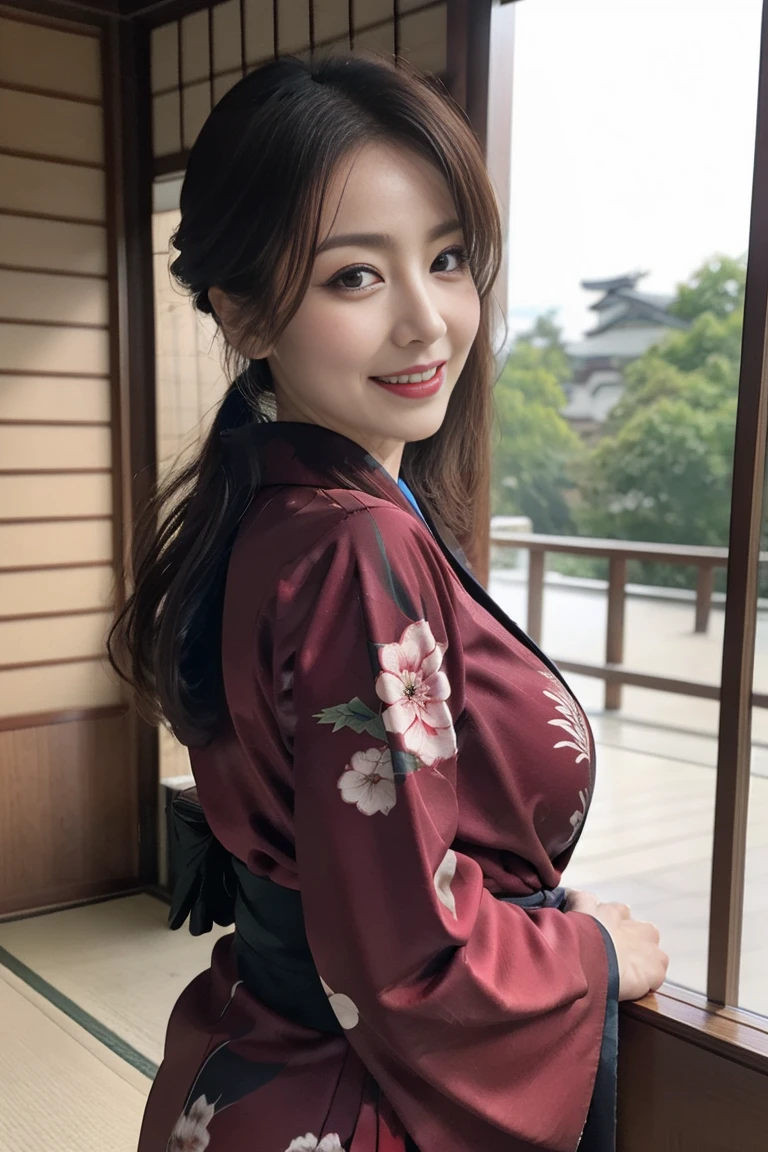 Mature attractive sexy woman,50 years old, ((kimono)),((vermilion))、(((kimono))),Shut,((Big Breasts:1.1)),(Facial wrinkles:1.3),light makeup,Light brown hair,Long Hair,(Full body photo:0.85),(Emphasize big buttocks),8k, RAW Photos, Highest quality, Laughter,masterpiece,Highest quality、A kind smile、A captivating gaze、Random Hairstyles、Japanese-style room、Shoji Screen、lanthanum、