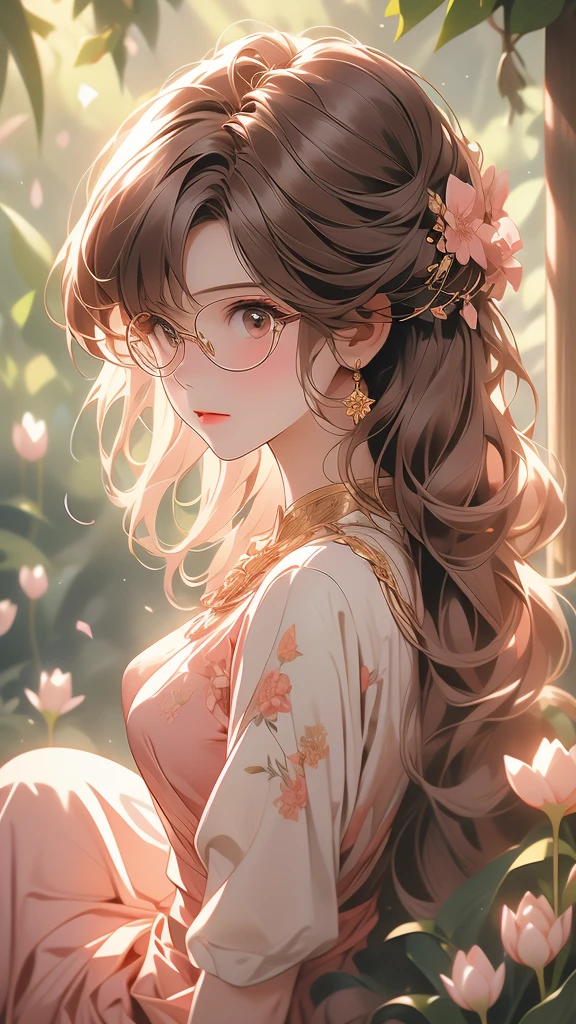 sitting, wariza, from above, spring clothes, light green floral print dress, pumps, Lots of colorful tulips, flower fields, warm atmosphere, rays of light from trees, backlit, profile
upper body, twinkle smile, 1girl, solo, 16years old, detailed beautiful face and eyes, brown eyes, (flat breasts:1.3), (very short hair:1.2), (bangs:1.2), (brown pink hair:1.2), hair fluttering, (well-proportioned body:1.2), (dynamic angle:1.3)
(masterpiece:1.2) , (best quality:1.2) , (ultra-detailed:1.2), more prism, vibrant color, ,hair over eyes, hair over one eye,a close up of image of girl with glasses and gold hair and long neck, 1girl, solo, long hair, tinted eyewear, round eyewear, sunglasses, jewelry, hair, bangs,Niji XL