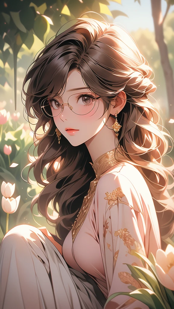 sitting, wariza, from above, spring clothes, light green floral print dress, pumps, Lots of colorful tulips, flower fields, warm atmosphere, rays of light from trees, backlit, profile
upper body, twinkle smile, 1girl, solo, 16years old, detailed beautiful face and eyes, brown eyes, (flat breasts:1.3), (very short hair:1.2), (bangs:1.2), (brown pink hair:1.2), hair fluttering, (well-proportioned body:1.2), (dynamic angle:1.3)
(masterpiece:1.2) , (best quality:1.2) , (ultra-detailed:1.2), more prism, vibrant color, ,hair over eyes, hair over one eye,a close up of image of girl with glasses and gold hair and long neck, 1girl, solo, long hair, tinted eyewear, round eyewear, sunglasses, jewelry, hair, bangs,Niji XL