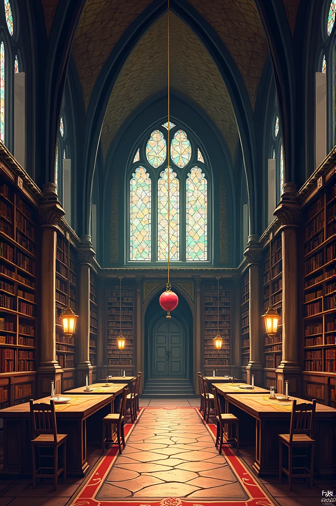 pixelart,medieval times,inside a library,tables and chairs,Bookcases,balloon,Magic Matrix,stained glass,parchment,Pencil