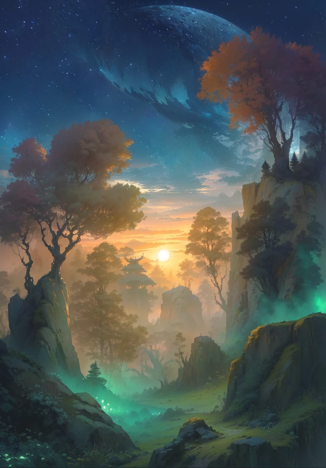 There is a painting,There is a forest in the painting,Sunset in the background, background technologywork, Fantasy forest scenery, Fantasy landscape painting, Epic dreamlike fantasy landscape, background technology, Fantasy art landscape, Mysterious fantasy landscape, Fantasy forest scenery at day, A quiet night. Digital Illustration, Landscape Game Concept Art, Mysterious jungle, Fantasy Forrest Background, Draw as game concept art