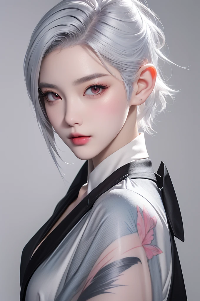 artgerm colorful!!!, dark background, art wallpaper 4 k, realistic art wallpaper 8 k, RAW photo, extremely detailed artgerm, artgerm and rossdraws, artgerm on artstation pixiv, detailed digital art, white hair, gray eyes, (Undercut Pixie hair:1.3), photo of waist up,,