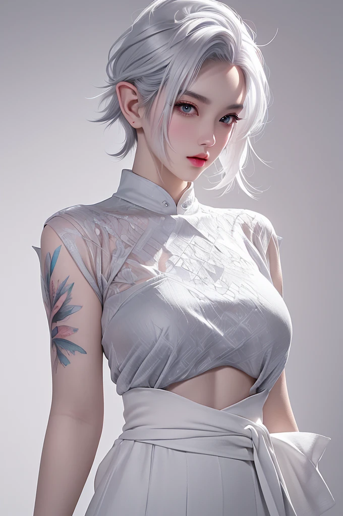 artgerm colorful!!!, dark background, art wallpaper 4 k, realistic art wallpaper 8 k, RAW photo, extremely detailed artgerm, artgerm and rossdraws, artgerm on artstation pixiv, detailed digital art, white hair, gray eyes, (Undercut Pixie hair:1.3), photo of waist up,,