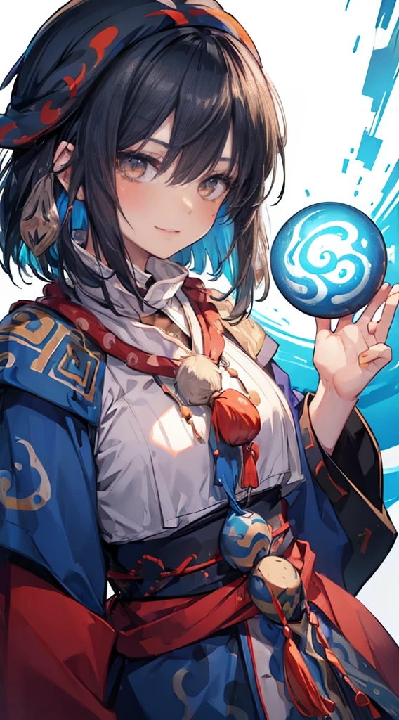 ((Shaman、nationality、:1.3)) ,Create dystopian masterpiece, There is a sense of expectation, Beautiful woman, skinny, Long black hair, Detailed face, smile, To the camera, Age 25、anime、Fantasy