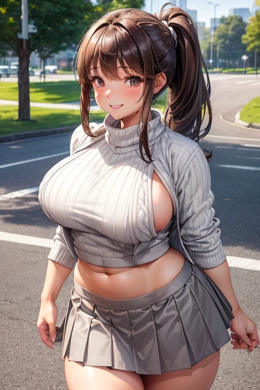 Pretty young girl, brown hair,beautiful long low ponytail hairstyle, ((tight grey skirt and tight white sweaterjacket)) , short sleeve,,(slouch),(reisalin stout),(wide muscles),((sexy voluptuous body),((sexy body view)),(walking at school backyard),((sexy body flexes)),((beautiful smile)),((sexy abdominal muscles))