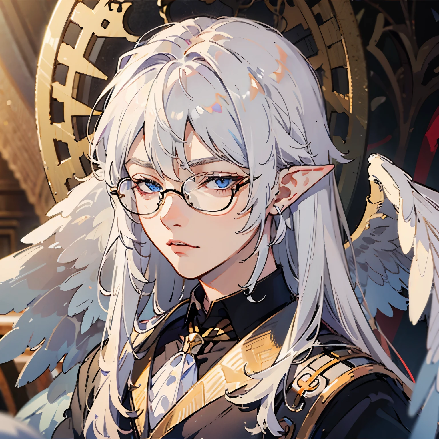 ((1boy)), white hair, very long hair, fluffy hair, sharp jawline, (masculine), elf ears, angel wings, (blue eyes), high quality, dramatic lighting, (((focus on face))), thin-frame glasses, (neutral expression), (fisheye), solo, ((looking to the side))