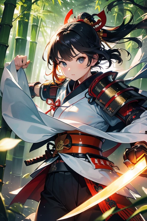 Highest quality, Ultra-high resolution, RAW Photos, Japanese style, kimono, Rin々Shii, Samurai, bamboo forest, Feel the wind, Holding a Japanese sword, (Samurai Armor:1.1)