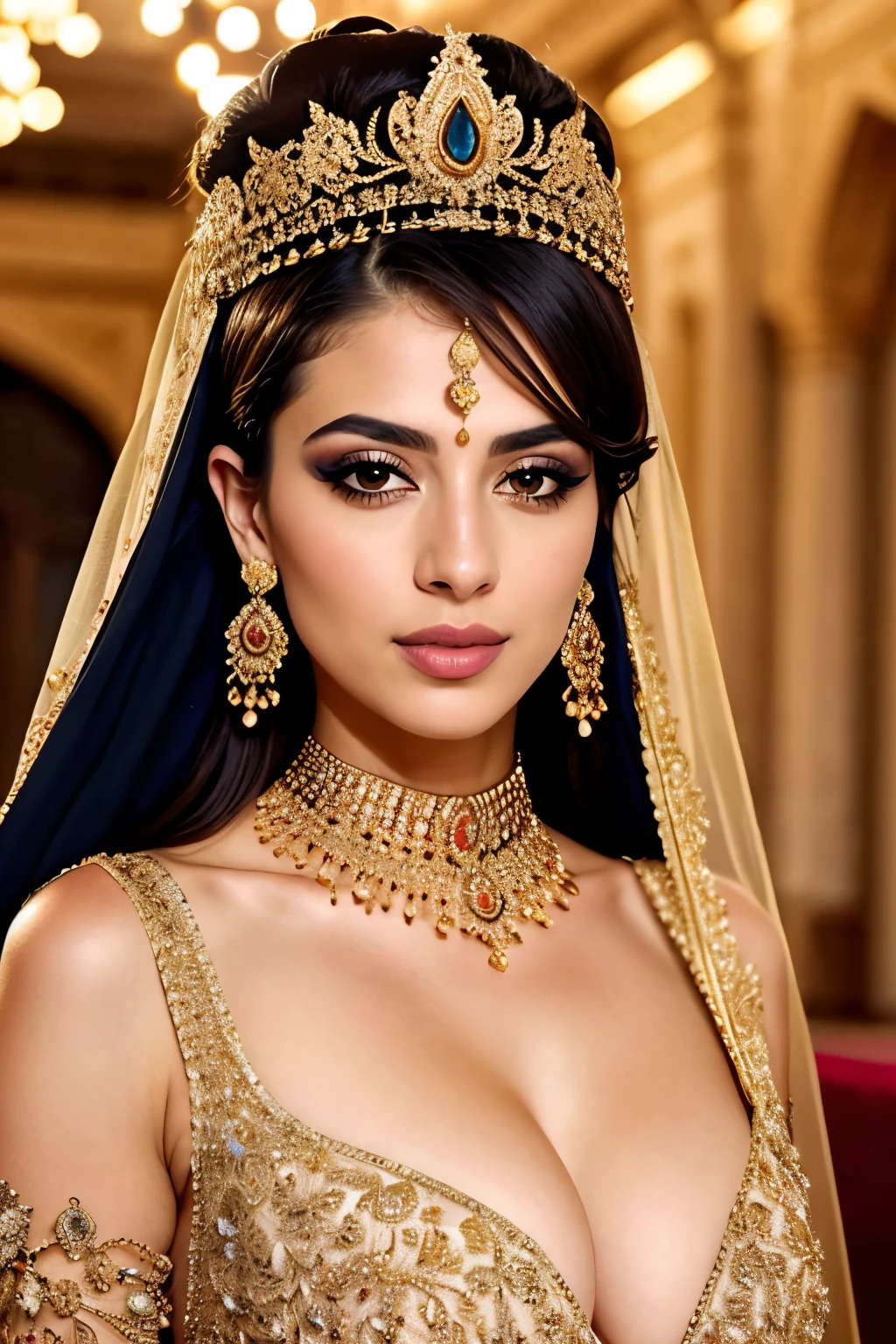 realistic portrait of an extremely beautiful iraqi woman of royalty, detailed facial features, piercing eyes, elegant long eyelashes, beautiful lips, delicate nose, intricate royal jewelry, ornate headdress, lavish palace interior, golden accents, wearing a sexy outfit, slutty outfit, erotic outfit, dramatic lighting, highly detailed, photorealistic, 8k, cinematic composition, dramatic pose, elegant, regal, masterpiece