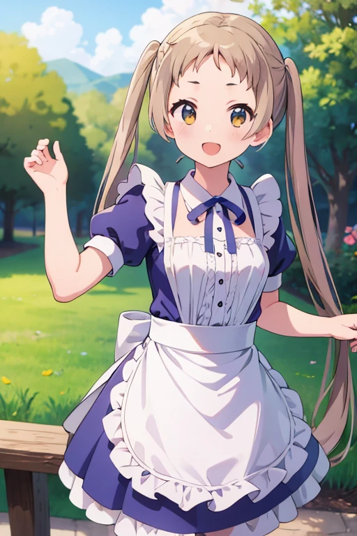 (Highest quality、masterpiece)、One Girl、alone、ultra hi resolution picture、Bright colors、Light on the face、Depth of written boundary、Detailed Background、cute、Straight、smile、View your viewers、Outdoor、Clear skies、Maid clothes、Small breasts、Twin tails、Sanae Dekomori