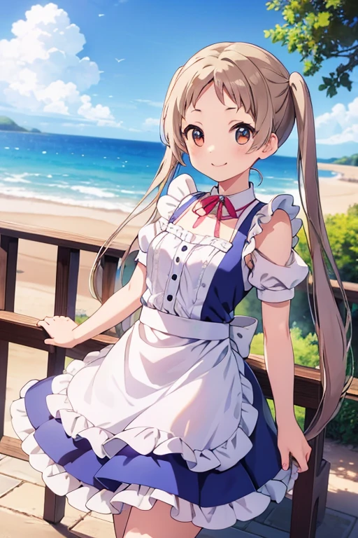 (Highest quality、masterpiece)、One Girl、alone、ultra hi resolution picture、Bright colors、Light on the face、Depth of written boundary、Detailed Background、cute、Straight、smile、View your viewers、Outdoor、Clear skies、Maid clothes、Small breasts、Twin tails、Sanae Dekomori