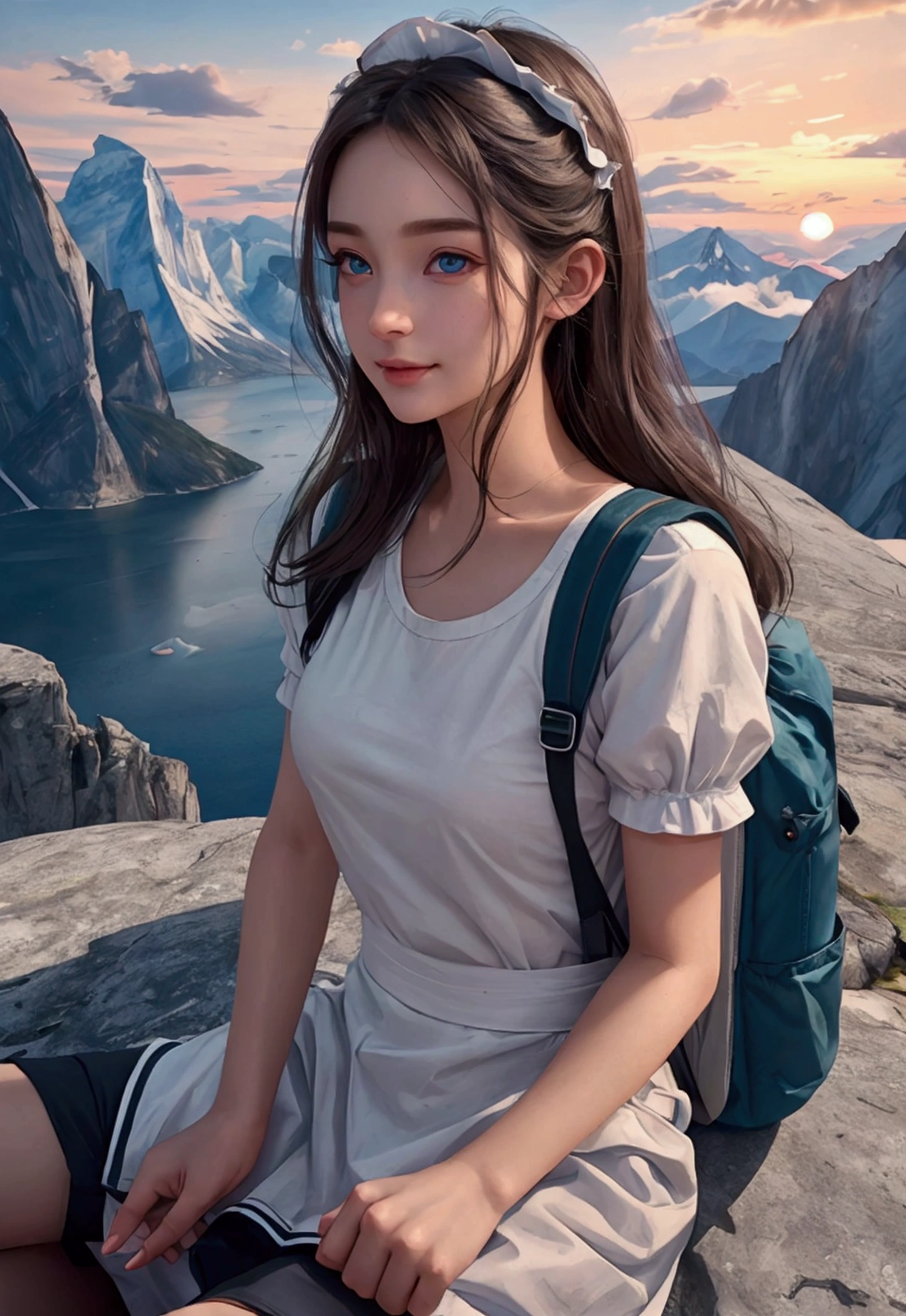 (best quality, surreal photo), Majestic mountains, sea of clouds, woman watching the sunset, selfie, ((upper body)), white t shirt, trekking shorts, Trekking boots, hiking backpack, (very delicate face, Super Beautiful Maid, very delicate eyes, very detailed nose, very detailed mouth, Highly detailed facial features), beauty, 18 years old, Smiling happily