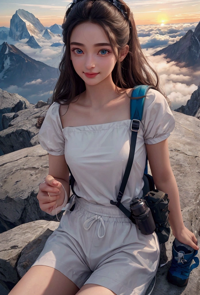 (best quality, surreal photo), Majestic mountains, sea of clouds, woman watching the sunset, selfie, ((upper body)), white t shirt, trekking shorts, Trekking boots, hiking backpack, (very delicate face, Super Beautiful Maid, very delicate eyes, very detailed nose, very detailed mouth, Highly detailed facial features), beauty, 18 years old, Smiling happily