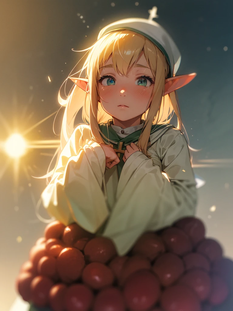(Sumilux f1.4 50mm , low Latitude old color negative film , cross process , bokeh, flare, chromatic aberration , soft focus, (Shallow focus) , soft glow , Maximum aperture, high Key , Transparent depiction) , kawaii anime , looking away , The rumor spread that the pee of elf girls tastes like strawberry, and the number of men visiting the elf village never ends , dynamic Dripping , Fluffy , My heart is pounding , While everyone is watching