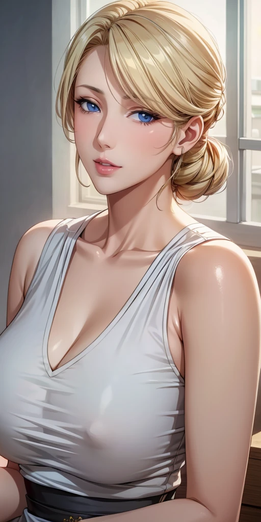 Elegant mature woman, milf, blue eyes, blonde hair, soft light, high detailed, 4k resolution, high quality, beautiful cg,