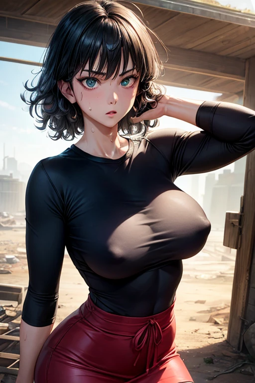 masterpiece, Highest quality,  Unreal Engine,  Super Resolution,  Very detailed, Complex, colorful, Clear images, Sharp focus, Digital Blending, 

Beautiful woman, fubuki,  fubuki\(One Punch Man\), alone, Tight shirt, Tight Skirt, Perfect Eyes, Perfect Face, Ultra detailed hair, Ultra detailed face, Very detailedな唇, Large Breasts, Vivid expression, Healthy Body, Beautifully detailed sweat glands, Smooth skin texture, Carefully drawn, 

(humidity:1.5), (Attractive face:1.2), (Beautiful Skin), Oily skin, Tight waist, (Big Breasts), (Puffy nipples), (Sticky with sweat), Dynamic pose, 

In the world of One Punch Man, Outdoor, wasteland, (Captivating look:1.2), View your audience, Cowboy Shot, 