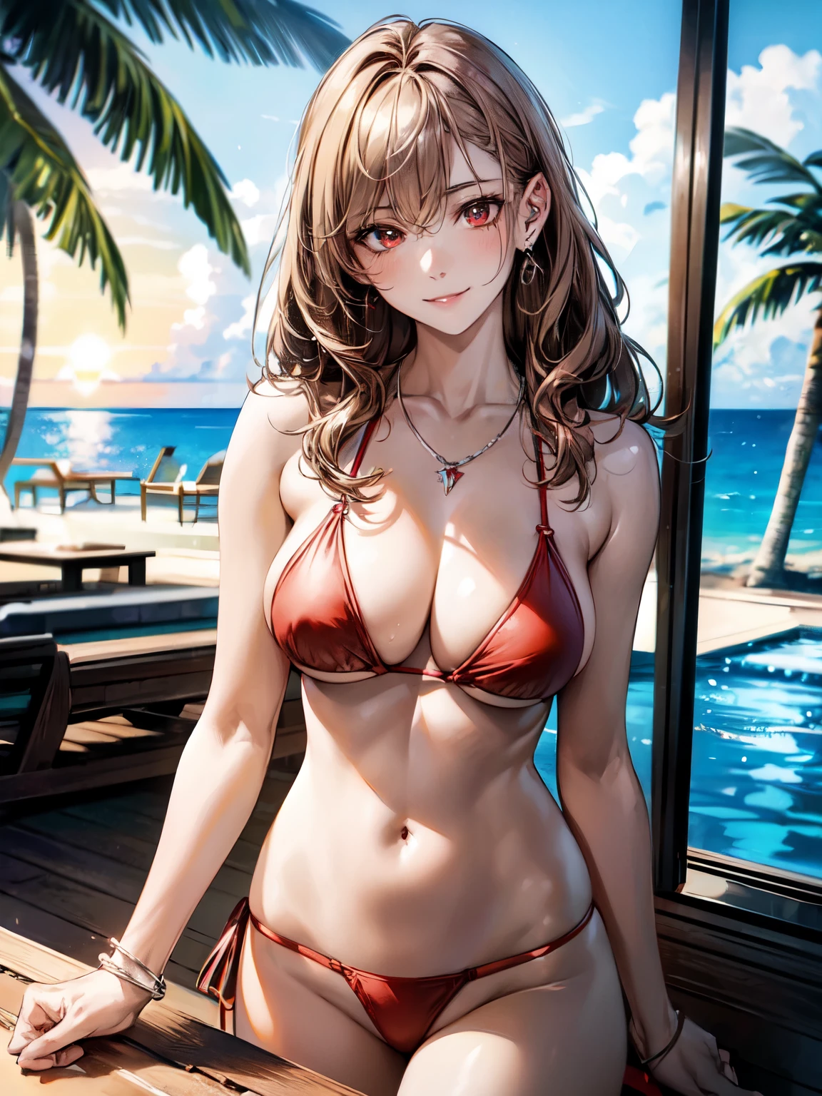 8K, (masterpiece, best quality:1.3), ((bokeh)), (short focus lens:1.4), Anime CG style, Japanese, 1 lady, medium shot, (face light), cinematic lighting, sharp focus, (Left to Right Balance), beautiful eyes, (Perfect Hands,Perfect Fingers,Perfect Limbs,Perfect Body,Correct Human Body,Perfect Image Realism,Perfect Anatomy),
(shiny skin, detailed skin),
(light brown hair:1.3), medium hair, wavy hair: 1.3, red eyes,
(red bikini top:1.3), (red bottom:1.3), sheer beach shirt,
standing on a poolside, photorealistic, high detail, soft lighting, summer vibes, Luxurious hotel poolside background, clear sky, detailed fabric texture, smiling, natural pose
(Silver chain necklace, piercings, silver bracelet),
Office lady, Receptionist, hardworking and dedicated,
busty, sexy body,
(beautiful scenery), Luxurious hotel poolside, crystal clear water, infinity pool, panoramic ocean view, elegant lounge chairs, tropical palm trees, high-end resort atmosphere, soft ambient lighting, photorealistic, high detail, wide-angle shot, cinematic style,