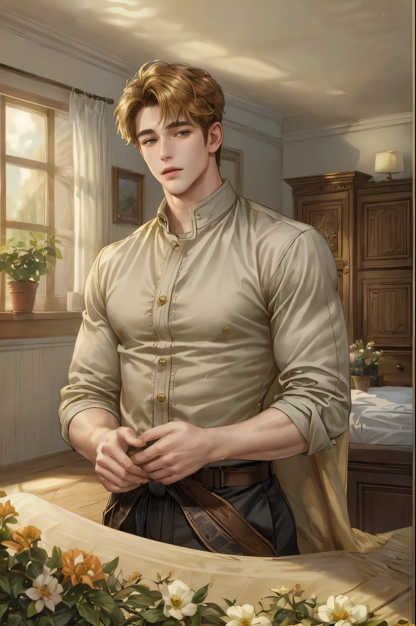 ((Best quality)), ((masterpiece)), (detailed), ((perfect face)), ((halfbody)) handsome face, male, teen boy, perfect proportions , golden brown short hair ((character from bridgerton male version)) detailed interior, cozy home