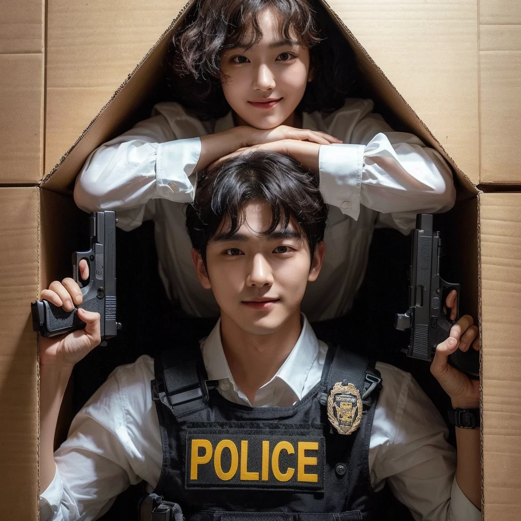 a stunning photo of a ((korean man clean face,with very short curly hair)),wearing white Shirt,kevlar with a replica Glock17 is hiding behind the boxwall.the opposite boxwall is a woman as detective wearing tactical kevlar is carrying a replica HS9,watching him.On top of the boxwall is a wearing police chief clothes,she smiling and laying watching at the two of them from above.plain background,Cinematic,professional photography (the man is curly)