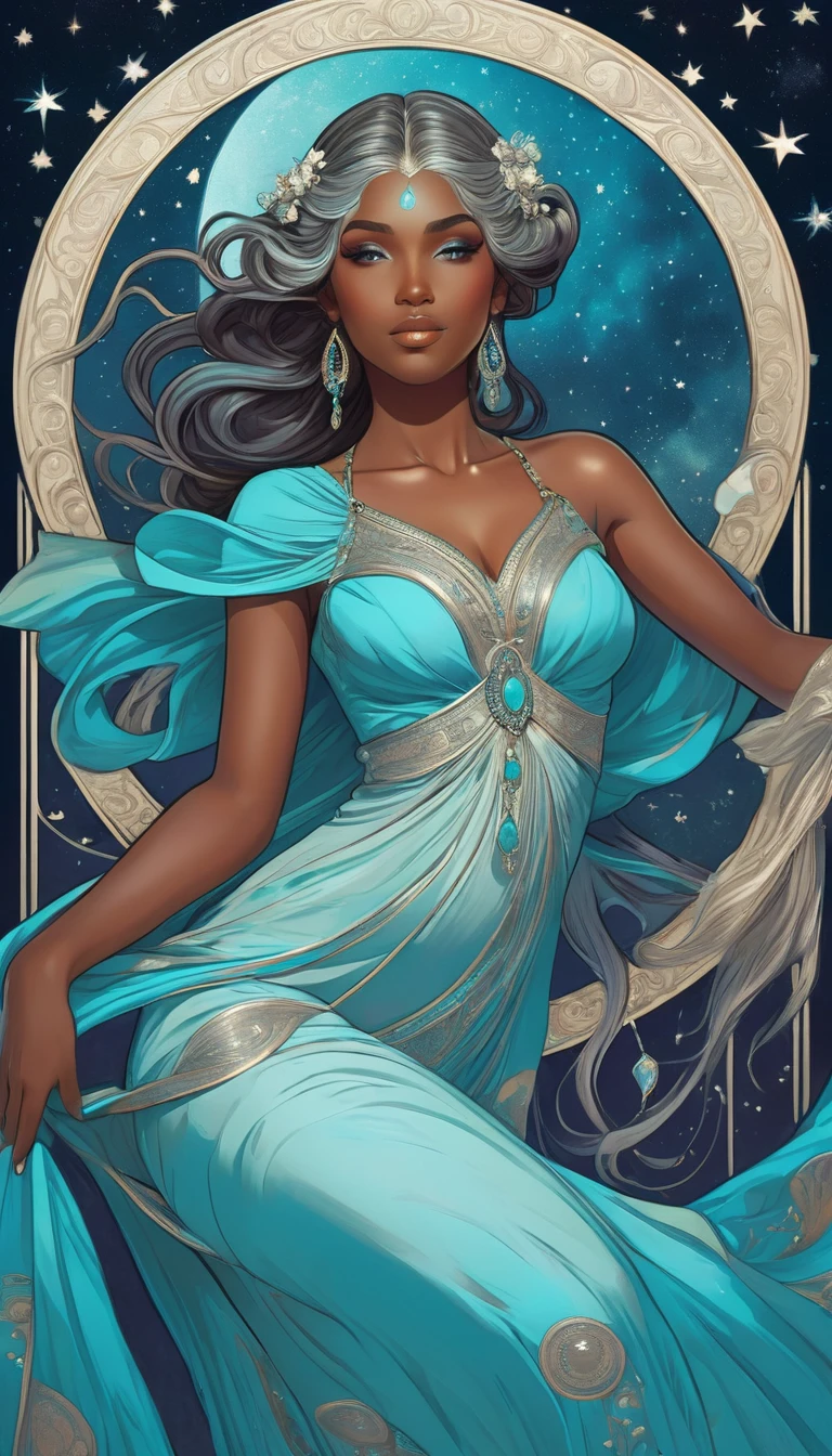 Elaborate border, dark skinned desi young adult woman in flowing dress with silver hair and turquoise eyes, NO BLACK HAIR, laying reclined sensually on a large crescent moon with a background of stars, night sky background, blues and silver, good anatomy, dynamic pose, good proportions, modern style, vector, highly detailed, intricate, masterpiece, realistic, professional, Dark Fantasy, d&d,(centered), (well framed), vector-art, gradient color, detailed, realistic, professional art masterpiece, (Art Nouveau), Illustration by Alphonse Mucha, (vector-art:1.1) Negative prompt