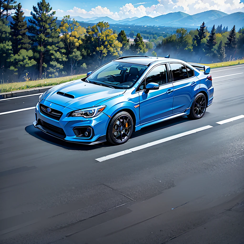 Single seater car, 2015 Subaru AND WRX, hyper blue, premium model, sunroof, omitted, black wheels sti, front intercooler, uphill race, bitumen single lane road, rural background, view from front angles, HDR, photo realistic