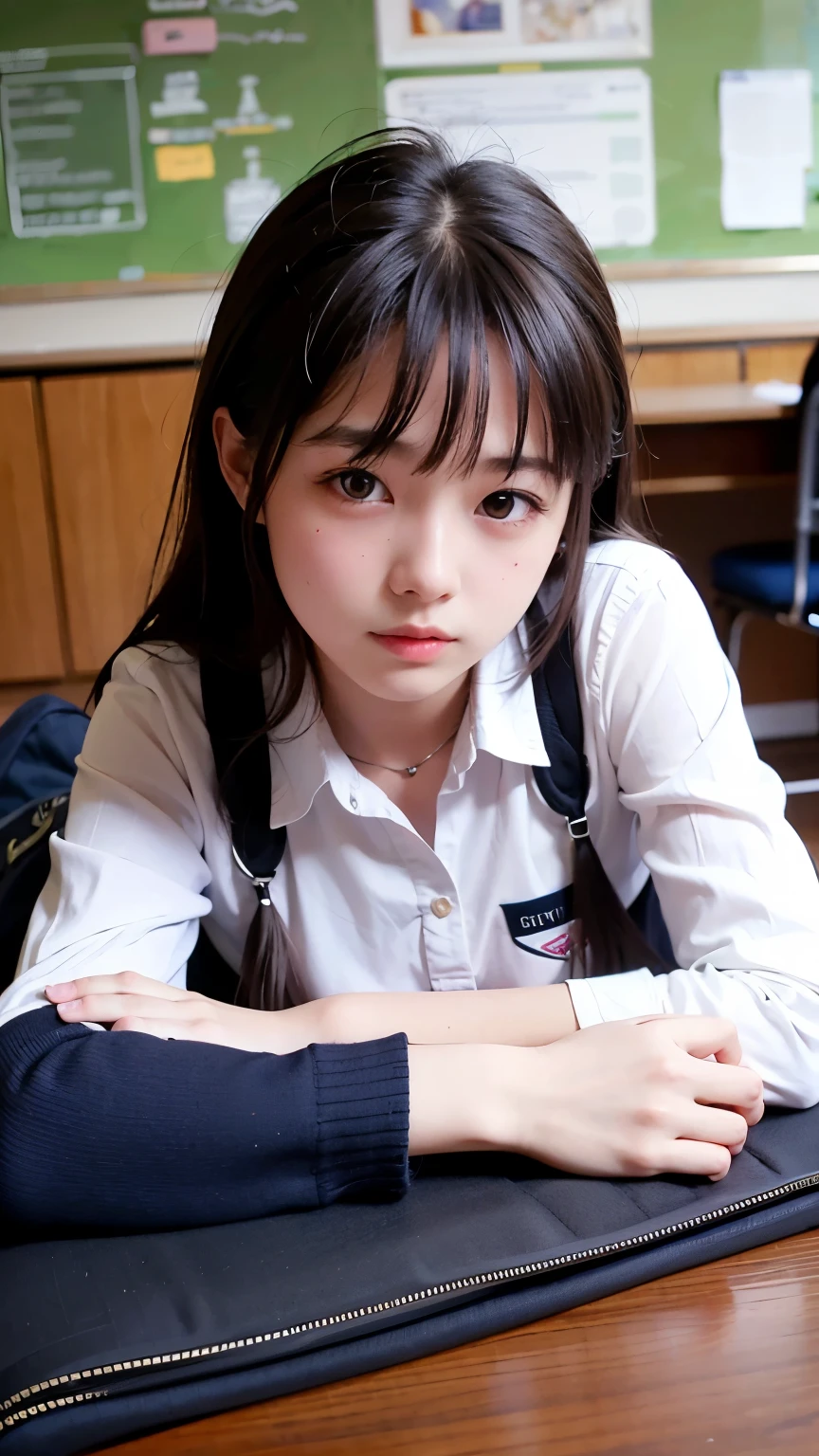 Highest quality, masterpiece, 1 girl, 14~18-year-old, Beautiful Face, Realistic, High resolution,School, Student Uniform,sexy,　Lying down