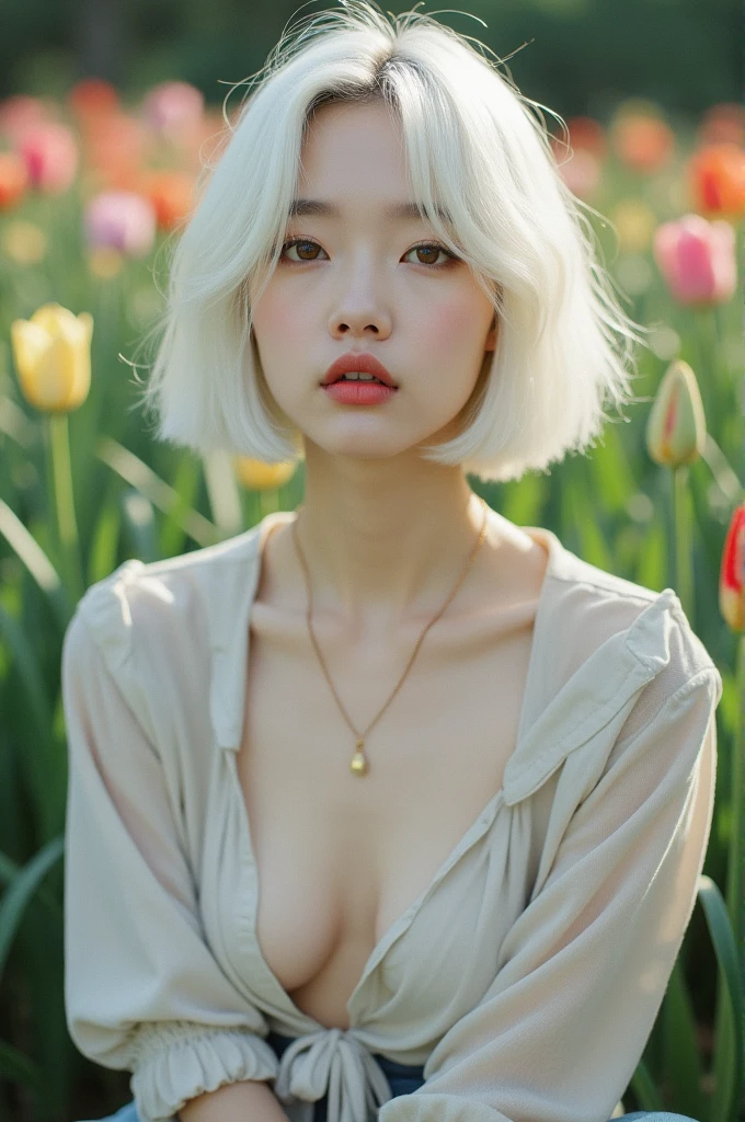 A Korean woman with short, white hair, a beautiful face showing her cleavage, wearing a casual outfit, (sitting) in a flower garden. Surrealistic portrait, pastel tones, mid shot, dramatic light.