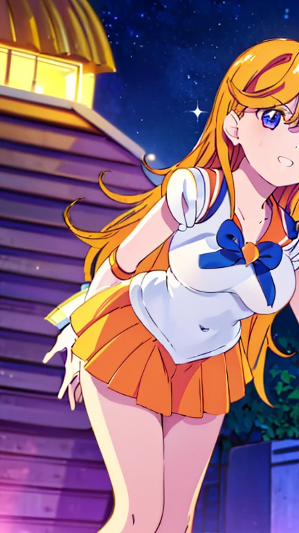 1girl, Angle from the front, ((She leans forward to accentuate her breasts and show off her bust.)), (Moonlit night)、(On the roof of a building)、thighs、(shiny White skin:1.6)、blue eyes, ((Slim figure)), ( girl), (A sadistic and malicious grin), (Throwing kisses)、(Close one eye)、Hold your fingers up and bring them close to your mouth、(grin), (Shiny blonde hair)、Long hair, (forehead), Blue ribbon on chest, (Big red ribbon), ((Sailor Venus))、Sailor suit、(Orange pleated mini skirt)、 (close up face)、