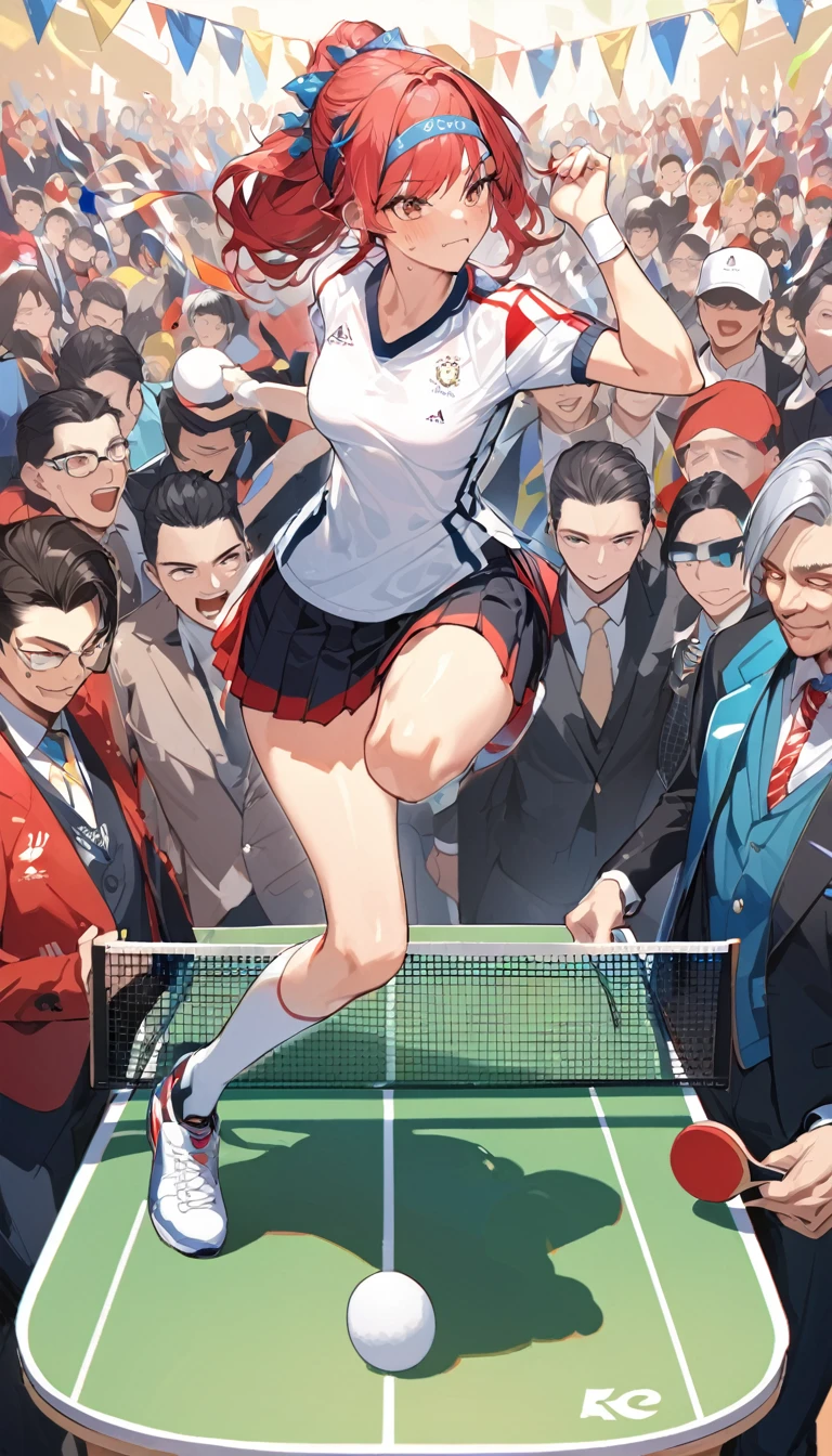 best quality, Good quality, 16K, Unbelievably ridiculous, Very detailed, 2.5D, Delicate and dynamic, Blue sky , pingpong,  Table tennis competition，拿pingpong拍，Tight sportswear，pingpong拍击球，Sweat，Short skirt，Sexy的17岁女孩，挥动pingpong拍，Olympic，Olympic Games uniforms，Big ，Sexy，Hit Ping Pong，Headband，Vision，whole body，crowd，A lot of people, Colorful contrails, Confetti, Olympic会旗, crowd, audience, A lot of people々, gentlemen.々Race, gentlemen.々age, men and women, gentlemen.々nationality, Many flags