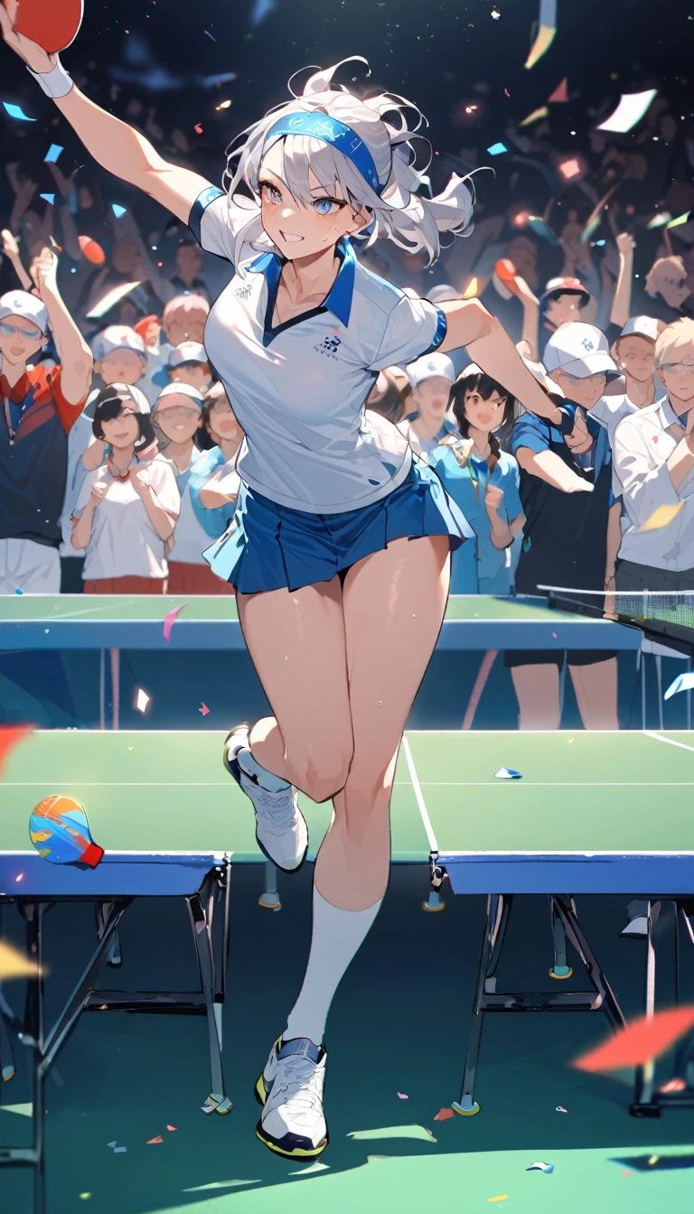 best quality, Good quality, 16K, Unbelievably ridiculous, Very detailed, 2.5D, Delicate and dynamic, Blue sky , pingpong,  Table tennis competition，拿pingpong拍，Tight sportswear，pingpong拍击球，Sweat，Short skirt，Sexy的17岁女孩，挥动pingpong拍，Olympic，Olympic Games uniforms，Big ，Sexy，Hit Ping Pong，Headband，Vision，whole body，crowd，A lot of people, Colorful contrails, Confetti, Olympic会旗, crowd, audience, A lot of people々, gentlemen.々Race, gentlemen.々age, men and women, gentlemen.々nationality, Many flags