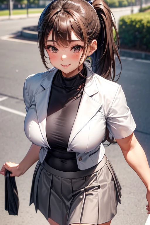 Pretty young girl, brown hair,beautiful long low ponytail hairstyle, ((tight grey skirt and tight white sportjacket)) , short sleeve,,(slouch),(reisalin stout),(wide muscles),((sexy voluptuous body),((sexy body view)),(walking at school backyard),((sexy body flexes)),((beautiful smile)),((sexy abdominal muscles))