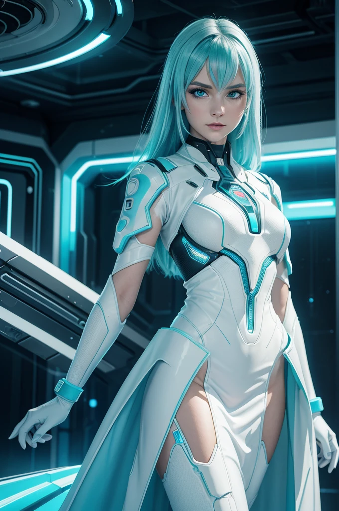  a woman in futuristic dress is posing in front of a neon light, in the style of realistic hyper-detailed rendering, white and cyan, greeble, timeless grace, evgeni gordiets, blink-and-you-miss-it detail, otherworldly beings 
