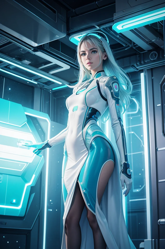  a woman in futuristic dress is posing in front of a neon light, in the style of realistic hyper-detailed rendering, white and cyan, greeble, timeless grace, evgeni gordiets, blink-and-you-miss-it detail, otherworldly beings 