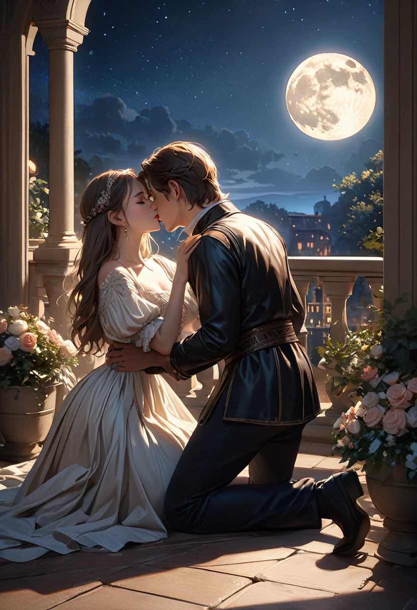 a romantic balcony scene at night, Romeo kneeling before Juliet, two lovers confessing their love, romantic shadows intertwined, starlit sky above, full moon shining, whispering secrets under the night,(best quality,8k,highres,masterpiece:1.2),ultra-detailed,realistic,photorealistic,photo-realistic:1.37,cinematic lighting,dramatic chiaroscuro,lush dramatic colors,elegant Renaissance style,oil painting