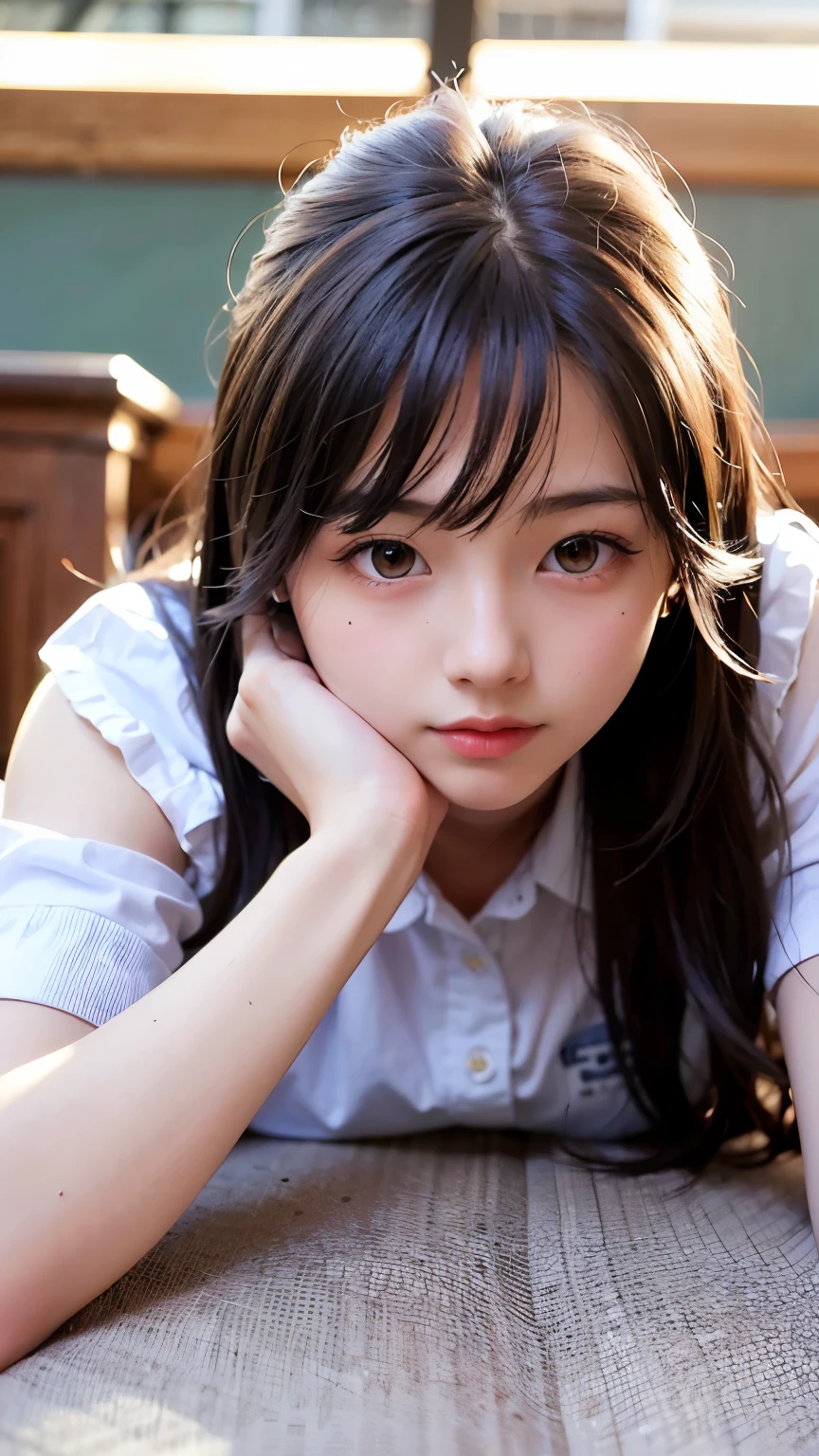 Highest quality, masterpiece, 1 girl, 14~18-year-old, Beautiful Face, Realistic, High resolution,School, Student Uniform,sexy,　Lying down