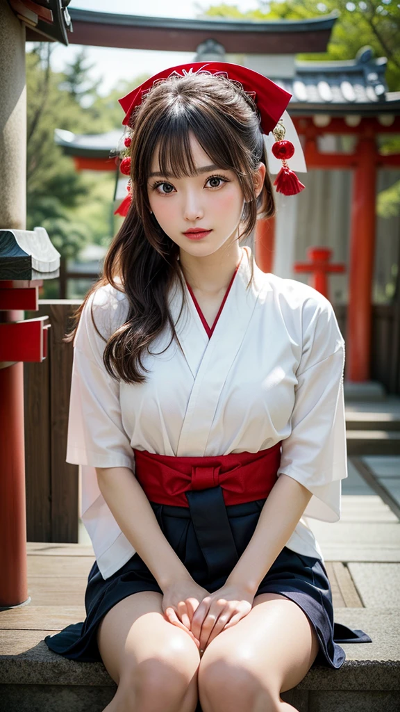 1girl, Chignon, hair ornaments, mizuhiki, (shrine maiden), (Japanese style shrine maiden costume, white haori, red hakama:1.4), Extremely cute, Amazing face and eyes, (extremely detailed beautiful face), (Ultra Realistic), (Highly detailed eyes, Highly detailed hair, Highly detailed face, Highly detailed plump lips), Upper body, Search Smile, (Best Quality:1.4), Raw photo, (Realistic, photo-Realistic:1.37), Professional Photography, Cinematic Light, (sitting, legs wide open), Divine, shrine, red torii gate,