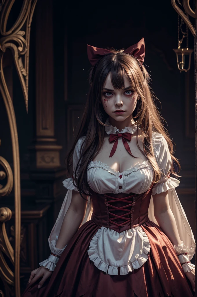  gorgeous female dressed as evil alice in wonderland, 30 years old, scary, creepy, looking at viewer, angry, bloody, photography, detailed skin, realistic, photo-realistic, 8k, highly detailed, full length frame, High detail RAW color art, diffused soft lighting, shallow depth of field, sharp focus, hyperrealism, cinematic lighting 