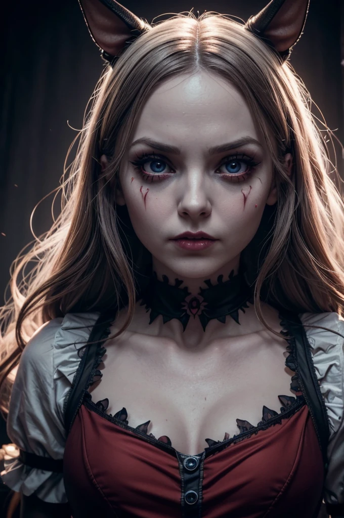 gorgeous female dressed as evil alice in wonderland, 30 years old, scary, creepy, looking at viewer, angry, bloody, photography, detailed skin, realistic, photo-realistic, 8k, highly detailed, full length frame, High detail RAW color art, diffused soft lighting, shallow depth of field, sharp focus, hyperrealism, cinematic lighting