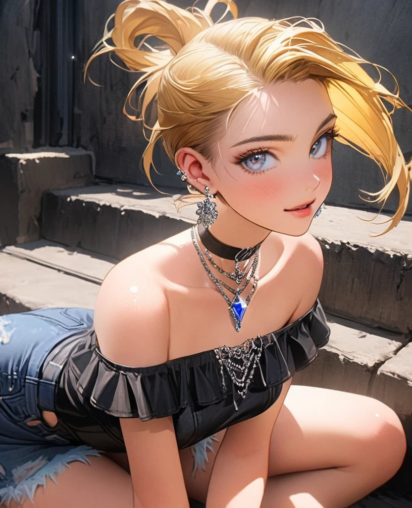 8K,gal,an extremely delicate and beautiful,Beautiful and realistic skin,Shiny jewel-like earrings,Shine like glitter vivid yellow hair,topknot,beautiful eyes,Fashion Model,full body,off-the-shoulder top,denim short shorts