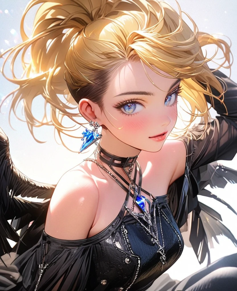 8K,gal，an extremely delicate and beautiful,Beautiful and realistic skin,Shiny jewel-like earrings,Shine like glitter vivid yellow hair,topknot,beautiful eyes,Fashion Model,full body,off-the-shoulder top,denim short shorts